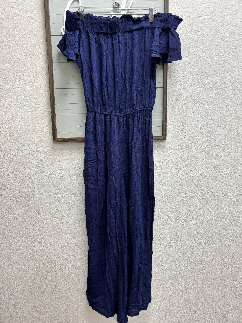 NWT Mud Pie Jumpsuit XS Navy Off Shoulder Wide Leg Cropped Boho